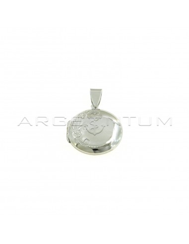 Round photo frame pendant with engraved front side and shiny back side white gold plated in 925 silver