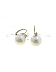 Pearl earrings ø 14 mm with white gold plated hook and white light point in 925 silver