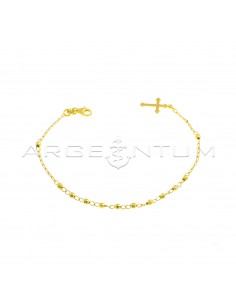 Bracciale del rosario maglia a catena con sfere faccettate e croce a lastra pendente placcato oro giallo in argento 925