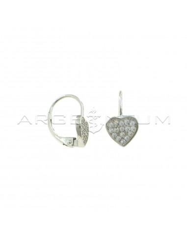 Hook earrings with white gold-plated white zircon pave heart in 925 silver
