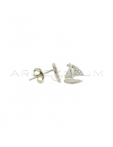 White gold plated boat lobe earrings with white zircon sail in 925 silver
