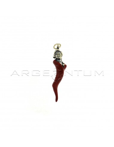 Red enameled horn pendant with blindfolded goddess in 925 burnished burnished silver