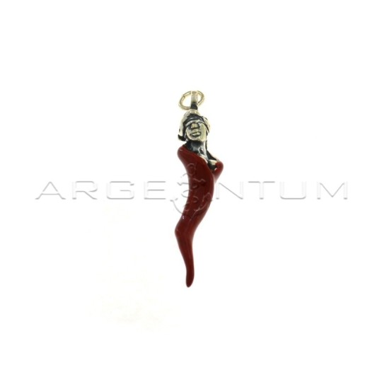 Ciondolo corno smaltato rosso con dea bendata in argento microfuso brunito 925