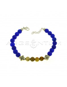 Ball bracelet in blue agate and paesina with burnished and engraved washers and white gold plated spheres in burnished 925 silver