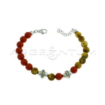 Bracciale a sfere in pasta di corallo e paesina con rondelle brunite e incise e sfere placcate oro bianco in argento brunito 925