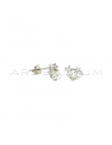 Lobe earrings with star attachment, 3 light points and white gold plated pearls in 925 silver