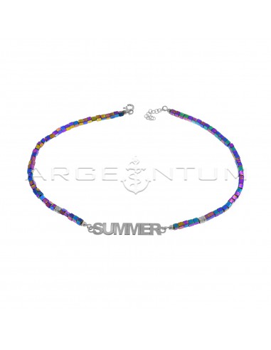 Multicolor hematite cubed necklace with hammered nuggets and central plate name white gold plated in 925 silver