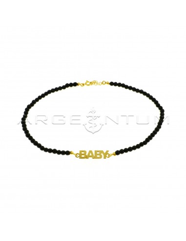 Faceted onyx ball necklace with central plate name in yellow gold plated 925 silver