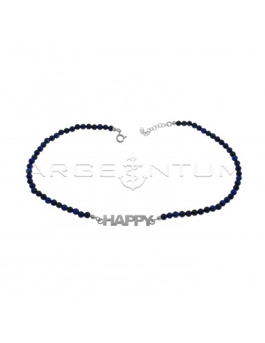 Lapis lazuli ball necklace with central plate name white gold plated in 925 silver
