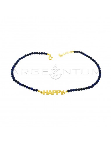 Lapis lazuli ball necklace with central plate name in yellow gold plated 925 silver