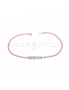 Ball necklace in pink coral paste with central plate name plated in white gold in 925 silver