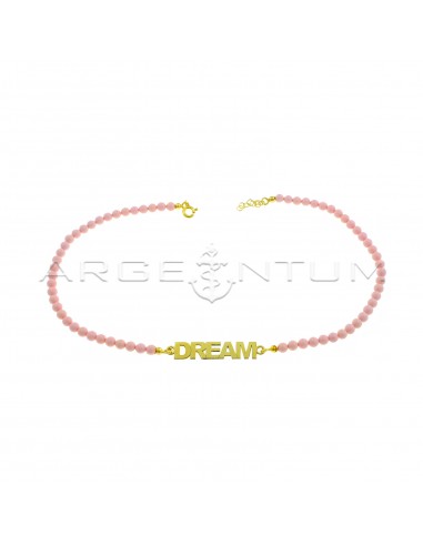 Pink coral paste ball necklace with yellow gold plated central plate name in 925 silver