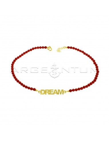 Coral paste ball necklace with yellow gold plated central plate name in 925 silver