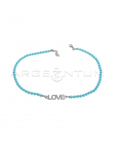Ball necklace in turquoise paste with central plate name plated in white gold in 925 silver