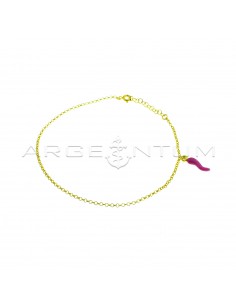 Yellow gold plated anklet with rolò link with horn and fuchsia enamel side pendant in 925 silver