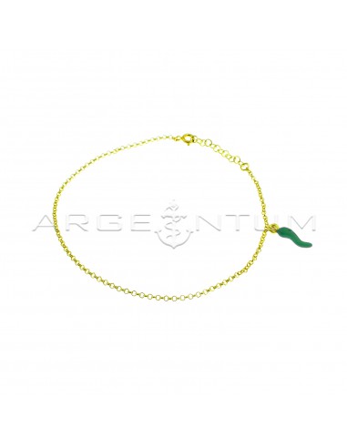 Yellow gold plated anklet with rolo link and green enamel side pendant in 925 silver
