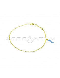 Yellow gold plated anklet with rolo link and blue enamel side pendant in 925 silver
