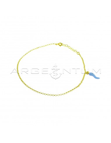 Yellow gold plated anklet with rolo link and blue enamel side pendant in 925 silver
