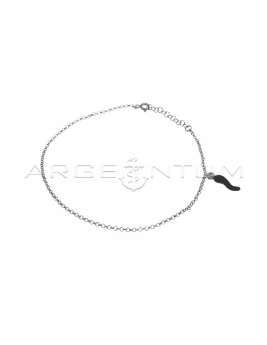 White gold plated anklet with rolo link and black enamel side pendant in 925 silver