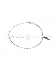 White gold plated anklet with rolo link and green enamel side pendant in 925 silver