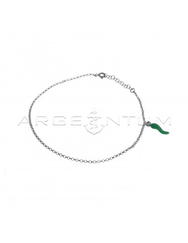 White gold plated anklet with rolo link and green enamel side pendant in 925 silver
