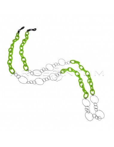 Eyeglass lace with green interwoven cotton chain segments alternating with 3 1 diamond mesh segments white gold plated in 925 silver