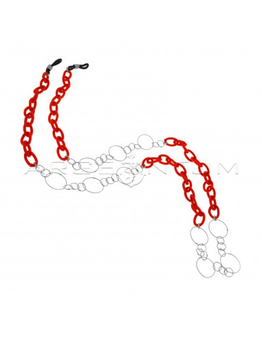 Eyeglass strap with red woven cotton chain segments alternating with 3 1 diamond mesh segments white gold plated in 925 silver