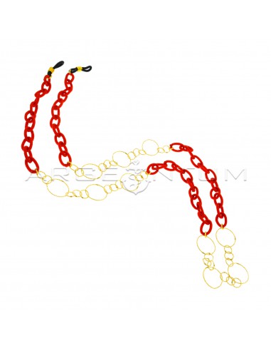 Eyeglass strap with red woven cotton chain segments alternating with 3 1 diamond mesh segments yellow gold plated in 925 silver