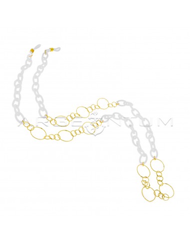 Eyeglass strap with white woven cotton chain segments alternating with 3 1 diamond mesh segments yellow gold plated in 925 silver
