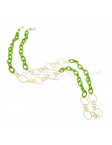 Eyeglass lace with green woven cotton chain segments alternating with 3 1 diamond mesh segments yellow gold plated in 925 silver