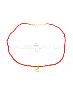 Red resin tube necklace with spheres and heart shape pendant yellow gold plated in 925 silver