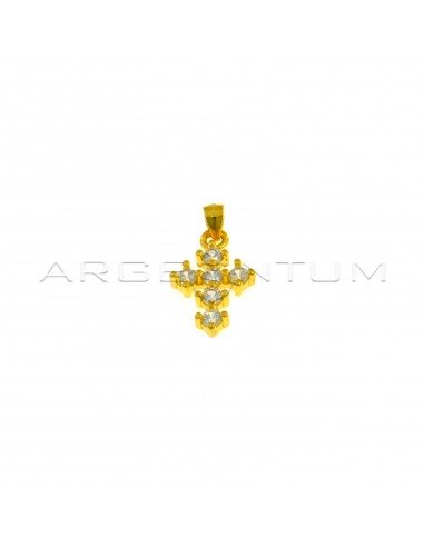 Cross pendant with white zircons with 4 prongs yellow gold plated in 925 silver