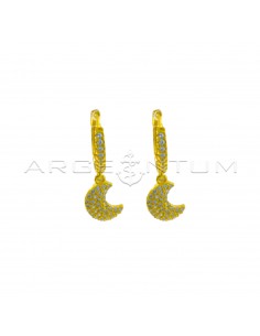Hoop earrings with white zircons, snap clasp and moon pendant in 925 silver yellow gold-plated white zircons pave