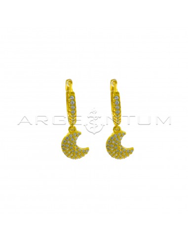 Hoop earrings with white zircons, snap clasp and moon pendant in 925 silver yellow gold-plated white zircons pave