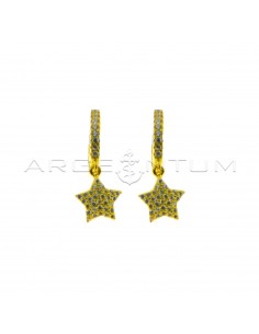 Hoop earrings with white cubic zirconia, snap clasp and star pendant in white cubic zirconia pave yellow gold plated in 925 silver