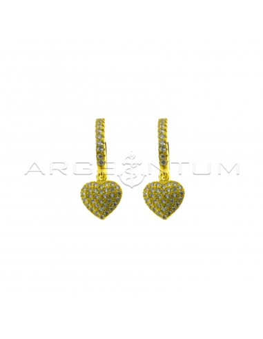 Hoop earrings with white cubic zirconia, snap clasp and heart pendant in white cubic zirconia pave yellow gold plated in 925 silver