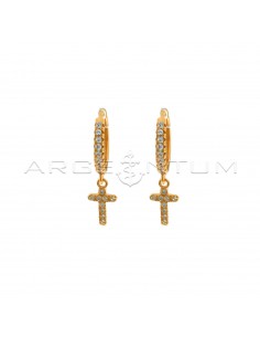 Hoop earrings with white zircons, snap clasp and cross pendant in 925 silver rose gold-plated white zircons pave