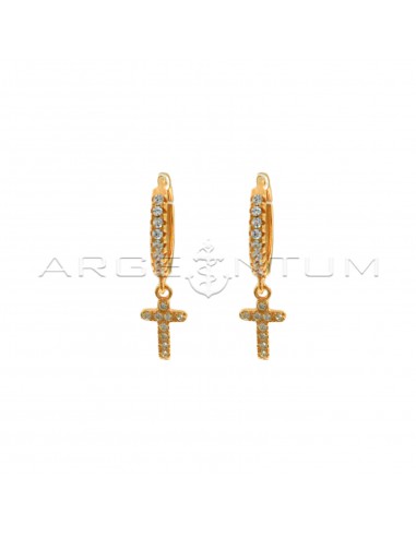 Hoop earrings with white zircons, snap clasp and cross pendant in 925 silver rose gold-plated white zircons pave