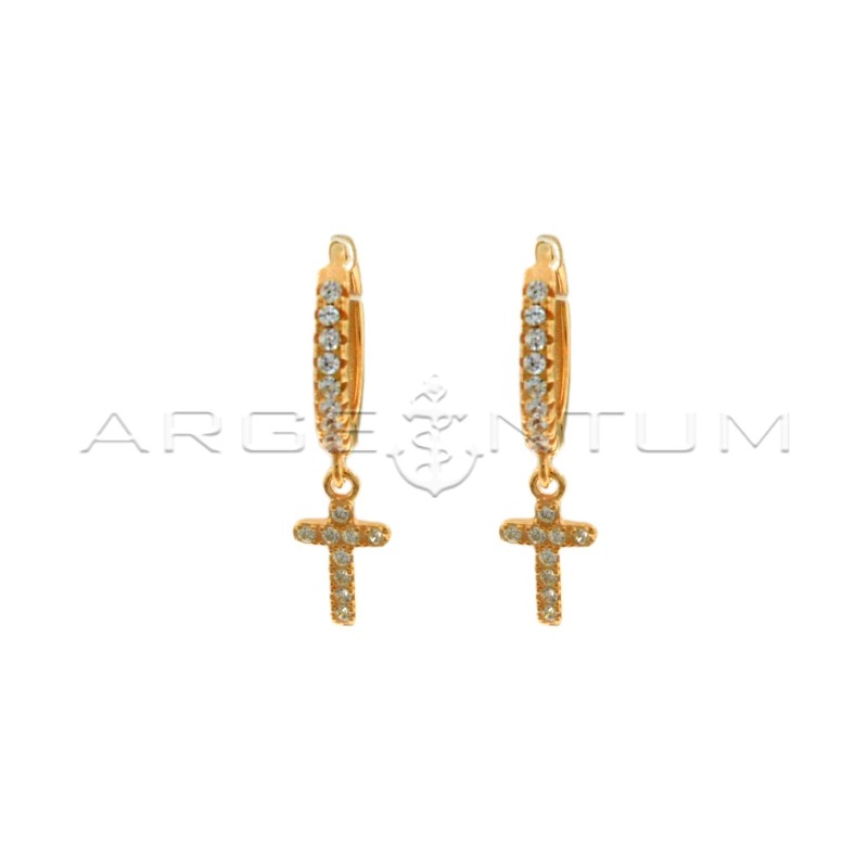 Hoop earrings with white zircons, snap clasp and cross pendant in 925 silver rose gold-plated white zircons pave