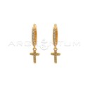 Hoop earrings with white zircons, snap clasp and cross pendant in 925 silver rose gold-plated white zircons pave
