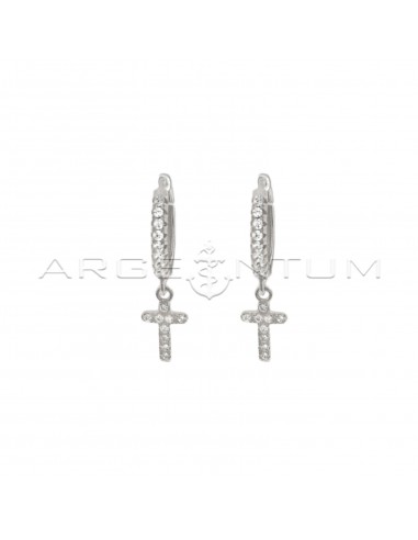 Hoop earrings with white cubic zirconia, snap clasp and cross pendant in white cubic zirconia pave white gold plated in 925 silver