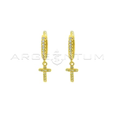 Hoop earrings with white cubic zirconia, snap clasp and cross pendant in white cubic zirconia pave yellow gold plated in 925 sil