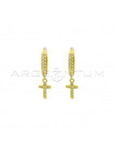 Hoop earrings with white cubic zirconia, snap clasp and cross pendant in white cubic zirconia pave yellow gold plated in 925 silver