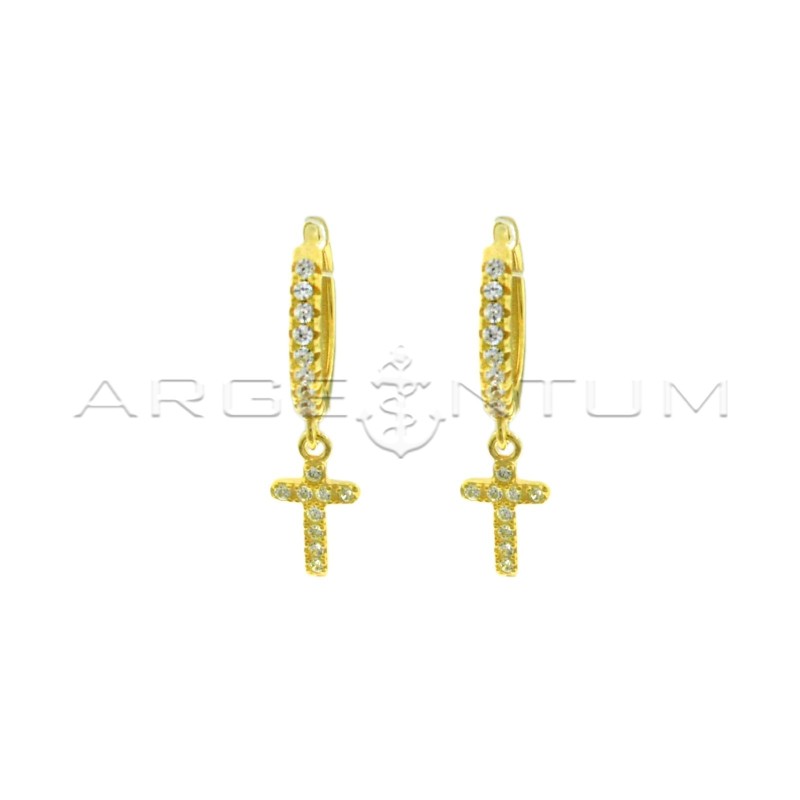 Hoop earrings with white cubic zirconia, snap clasp and cross pendant in white cubic zirconia pave yellow gold plated in 925 sil