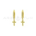 Hoop earrings with white cubic zirconia, snap clasp and cross pendant in white cubic zirconia pave yellow gold plated in 925 sil