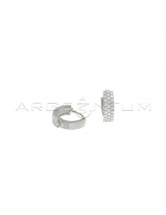 Hoop earrings ø 15 mm with three front rows of white zircons and white gold plated snap clasp in 925 silver