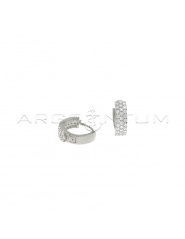 Hoop earrings ø 15 mm with three front rows of white zircons and white gold plated snap clasp in 925 silver