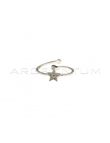 Adjustable wire ring with central white zircon star in white gold plated 925 silver