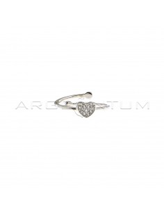 Adjustable wire ring with central white zircon heart plated white gold in 925 silver