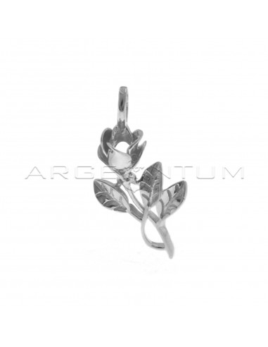 Cast pink pendant with engraved leaves, white gold plated in 925 silver